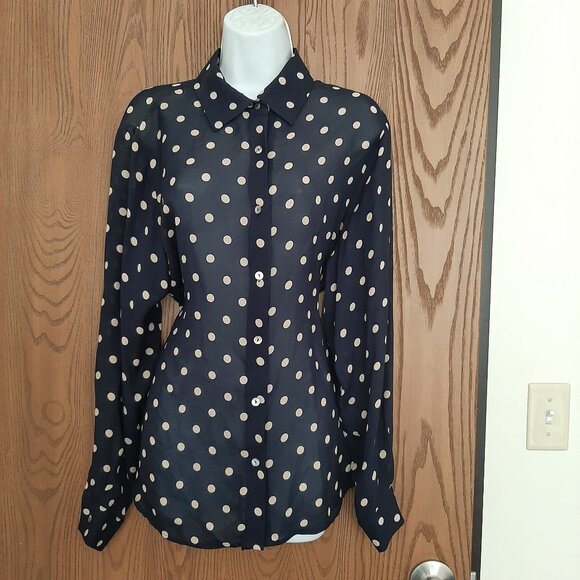 Valerie Stevens Silk Navy Blue White Polka Dot Blouse Size 14W - Picture 1 of 5